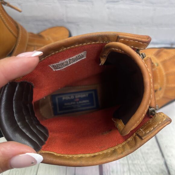 VTG Polo Ralph Lauren Sports Boots Tan Duck Leather Double Zip Strap Hunt Shoes - Picture 10 of 16